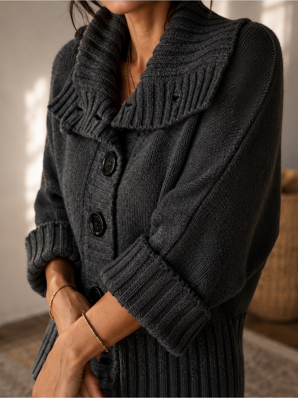 Express Charcoal Gray Wool Blend Shawl-Collar Button Cardigan - Picture 7 of 11
